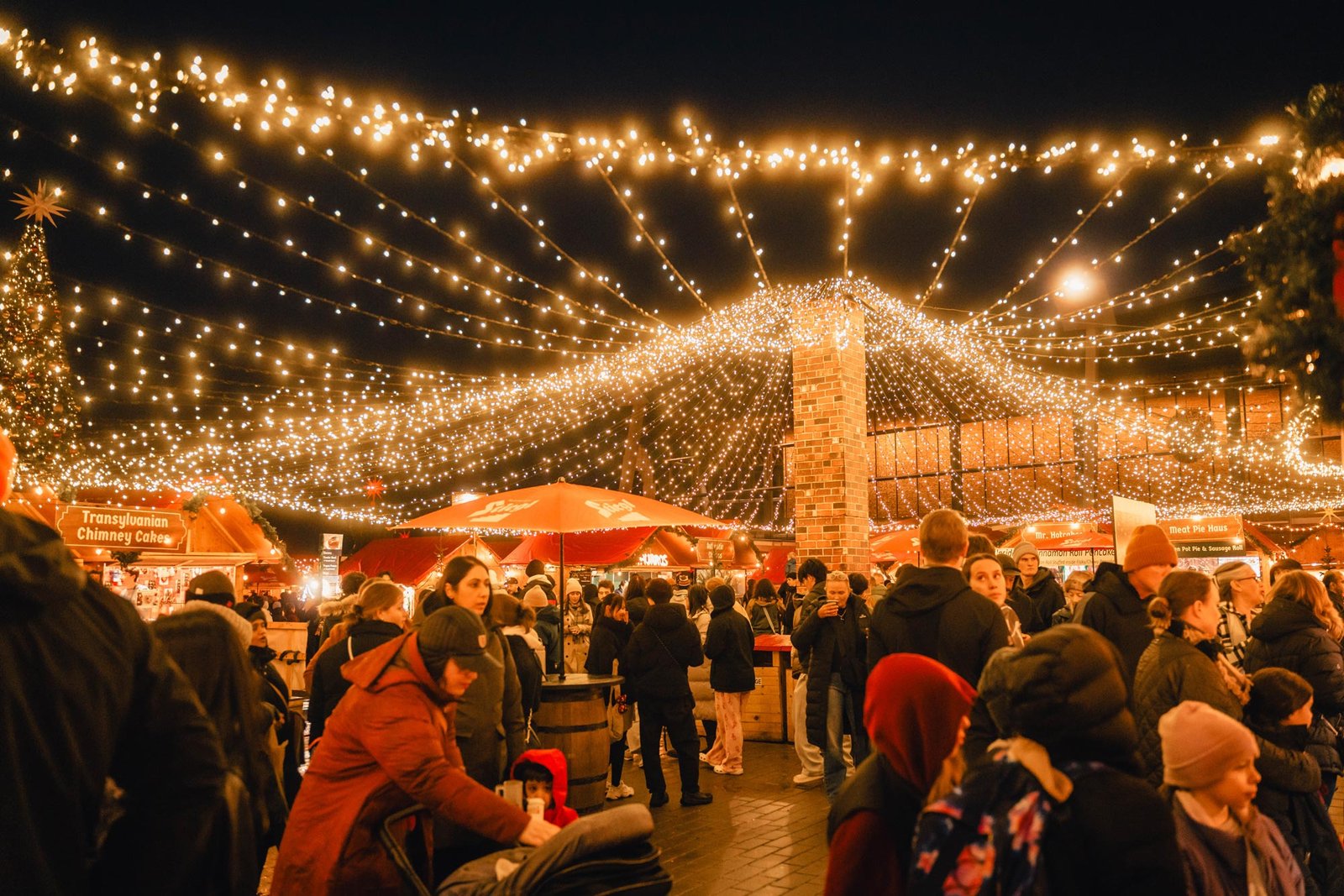 Night view of the lights at the Vancouver Christmas Market